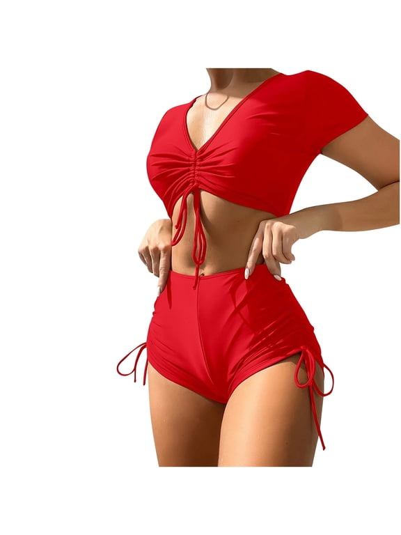 Womens Two Piece Swimsuit Short Sleeve Crop Top Bathing Suit Ruched Side Board Shorts Summer Bikini Sets Fashion Color Split Swimwear Set Red