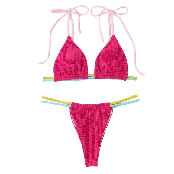 WREESH Womens Two Piece Swimsuit String Bikini Sets Fashion Solid Swimwear Bikini Split Swimsuit Set Beach Bathing Suit Hot Pink