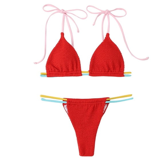 WREESH Womens Two Piece Swimsuit String Bikini Sets Fashion Solid Swimwear Bikini Split Swimsuit Set Beach Bathing Suit Red