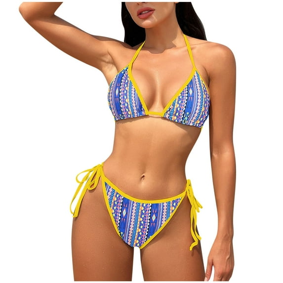 WREESH Womens Two Piece Swimsuit String Bikini Sets Halter Backless Sexy Three-Point Swimsuit Set Beach Bathing Suit Yellow