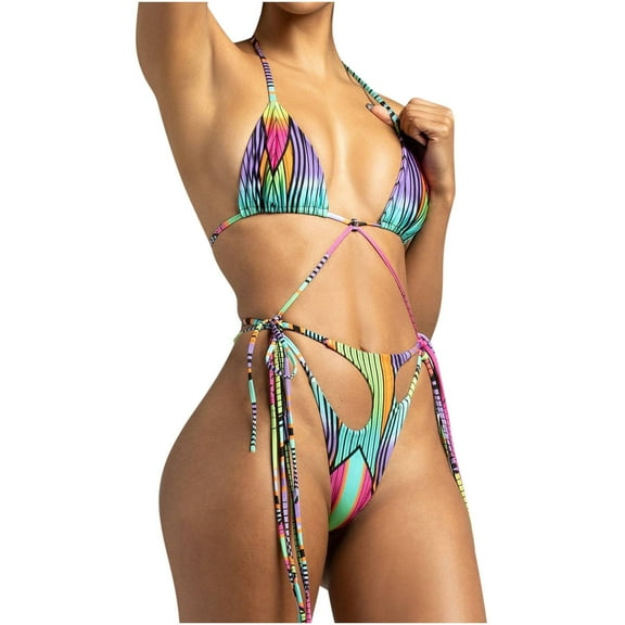 WREESH Womens Two Piece Swimsuit String Bikini Sets Halter Bicolor Fashion Casual Waist Slim Splicing Printing Bikinis Sets Beach Bathing Suit Multicolor