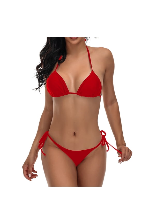 Womens Two Piece Swimsuit String Bikini Sets Halter Swimsuit High Waist Lace Up Bikini Swimsuit Solid Color Backless Split Steel Top Swimsuit Suit Beach Bathing Suit Red