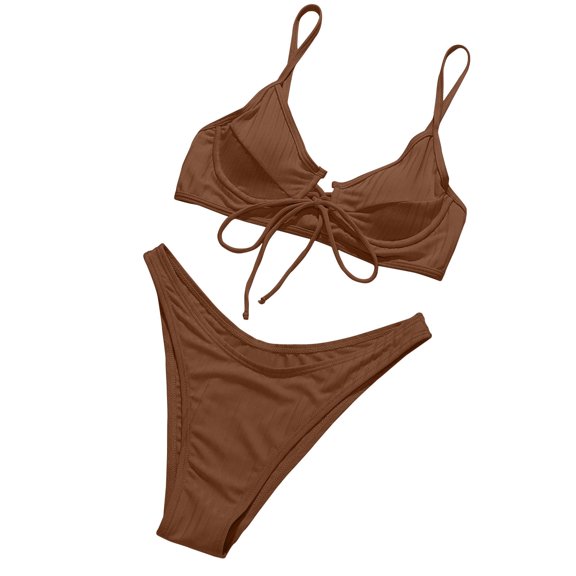 WREESH Womens Two Piece Swimsuit String Bikini Sets High Cut Bikini Solid Color Split Diamond Bikini Swimsuit Beach Bathing Suit Brown