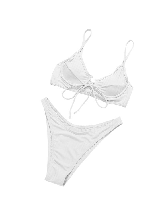 Womens Two Piece Swimsuit String Bikini Sets High Cut Bikini Solid Color Split Diamond Bikini Swimsuit Beach Bathing Suit White