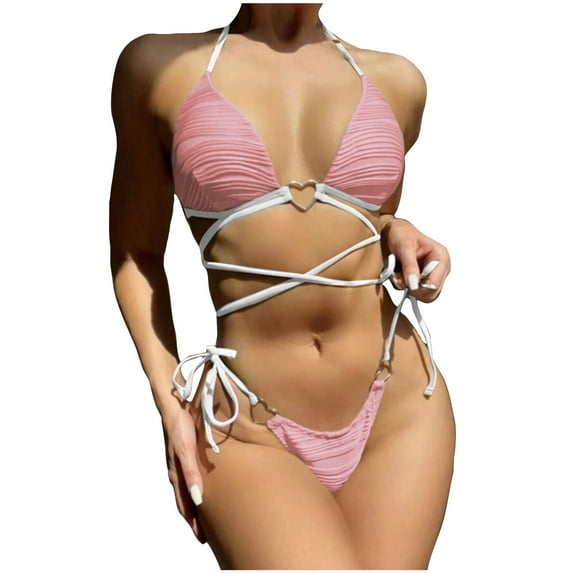WREESH Womens Two Piece Swimsuit String Bikini Sets Metal Ring Bikini Set Love Drawstring Bikini Beach Bathing Suit Pink