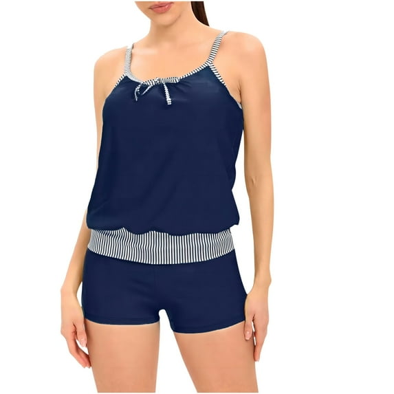 WREESH Womens Two Piece Swimsuit Tankini with Chest Pad Without Underwire Print Patchwork Swimming Trunks Split Swimsuit Beach Bathing Suit Dark Blue