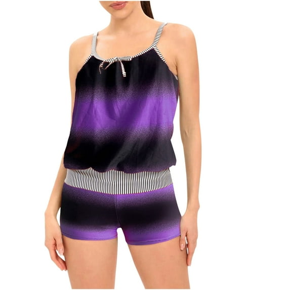 WREESH Womens Two Piece Swimsuit Tankini with Chest Pad Without Underwire Print Patchwork Swimming Trunks Split Swimsuit Beach Bathing Suit Purple