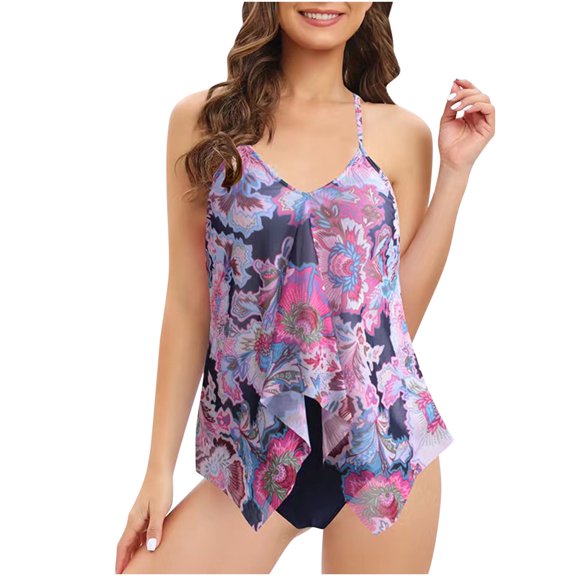 WREESH Womens Two Piece Swimsuit Tankini with Chest Pad Without Underwire Print Swimming Split Swimsuit Beach Bathing Suit Hot Pink