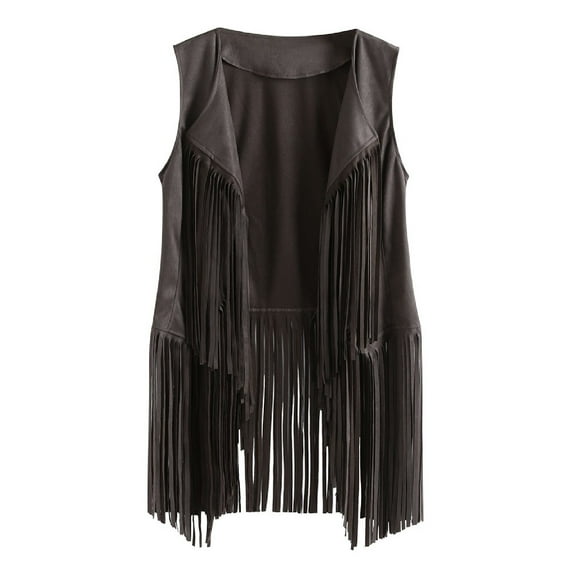 WREESH Womens Vest Winter Suede Ethnic Sleeveless Tassels Fringed Vest Cardigan Gray
