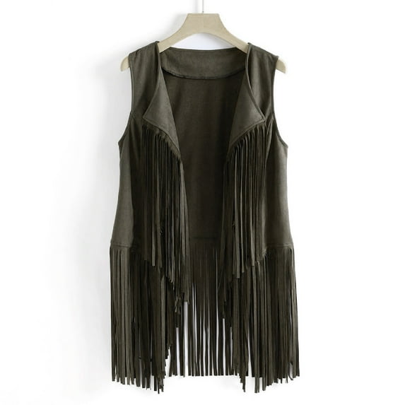 WREESH Womens Vest Winter Suede Ethnic Sleeveless Tassels Fringed Vest Cardigan Green