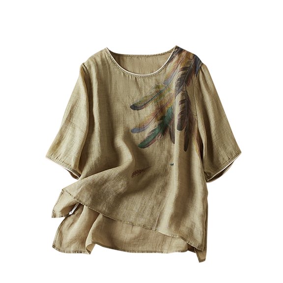WREESH Womens Vintage Ethnic Style Blouses Fashion Casual Short Sleeve Round-Neck Cotton Linen Irregular Tops Printed Blouse Green