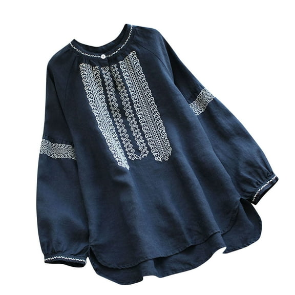 WREESH Womens Vintage Ethnic Style Blouses Fashion Cotton Linen Embroidery Round Neck Button Long Sleeve Shirt Tops Navy