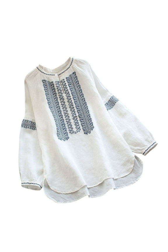 Womens Vintage Ethnic Style Blouses Fashion Cotton Linen Embroidery Round Neck Button Long Sleeve Shirt Tops White