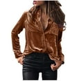thumbnail image 1 of WREESH Womens Vintage Velvet Shirts Solid Color Long Sleeve Lapel Button Up Blouse With Pockets Fall Warm Casual Loose Fit Tops Coffee, 1 of 9