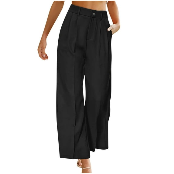 WREESH Womens Wide Leg Long Palazzo Pants Fashion Summer Casual Loose Pocket Solid Button Zipper Trousers Elastic Waist Pants Black