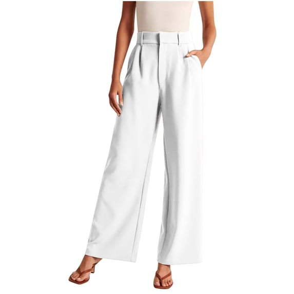 WREESH Womens Wide Leg Pants Business Casual Pants Fashion High Waist Pants Solid Color Versatile Casual Suit Pants White