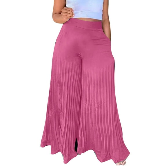 WREESH Womens Wide Leg Pants Fashion Casual Solid Chiffon Pants Elastic Waist Double Layer Crinkle Trousers Flare Trousers with Pockets Pink