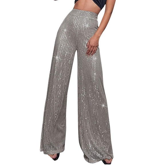 WREESH Womens Wide Leg Pants Sequin Fashion Elegant High Waist Pants Trousers Flare Trousers Zipper Pants Gray