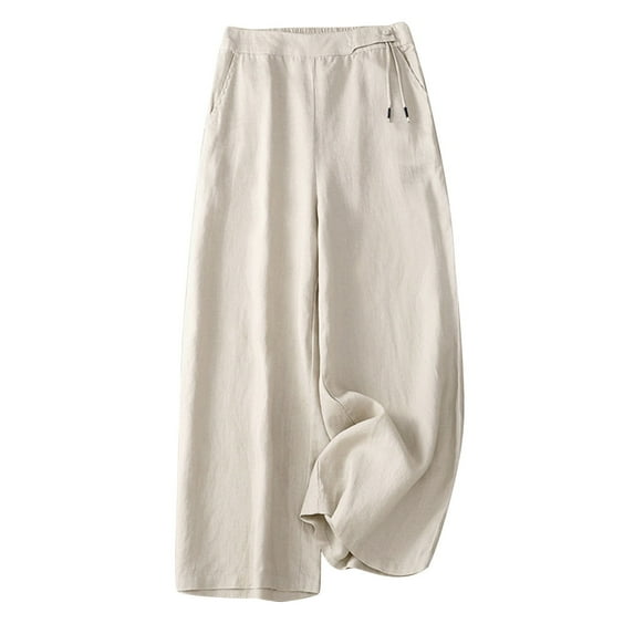 WREESH Womens Wide Leg Pants Solid Color Elastic High Waisted Cropped Pants Cotton and Linen Casual Slim Beige