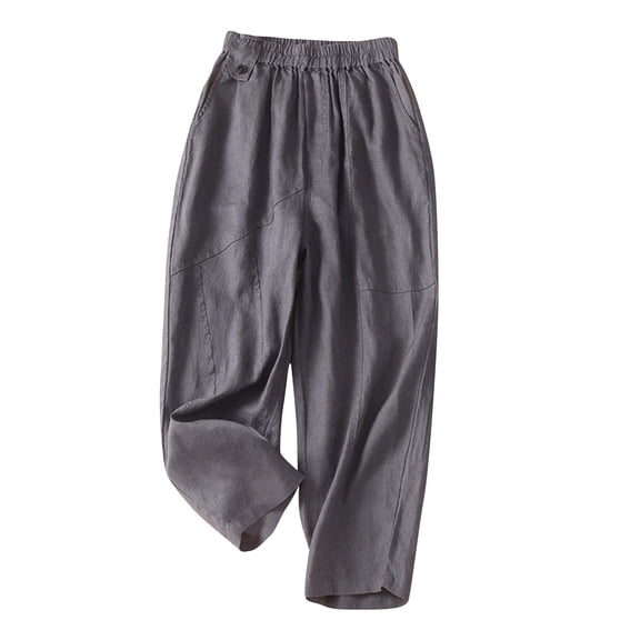 WREESH Womens Wide Leg Pants Solid Color Elastic High Waisted Cropped Pants Cotton and Linen Casual Slim Gray
