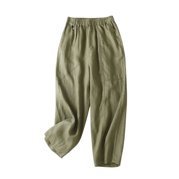 WREESH Womens Wide Leg Pants Solid Color Elastic High Waisted Cropped Pants Cotton and Linen Casual Slim Green