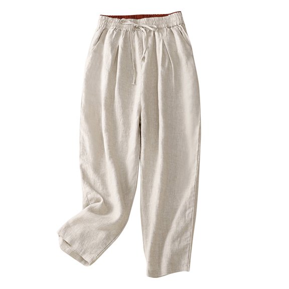 WREESH Womens Wide Leg Pants Solid Color Elastic High Waisted Drawstring Pants Casual Loose Cotton and Linen Pants Cropped Pants Gray