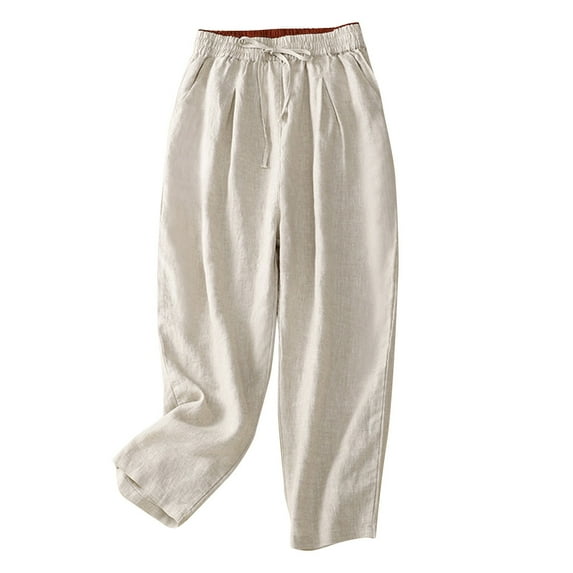 WREESH Womens Wide Leg Pants Solid Color Elastic High Waisted Drawstring Pants Casual Loose Cotton and Linen Pants Cropped Pants Gray