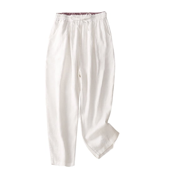 WREESH Womens Wide Leg Pants Solid Color Elastic High Waisted Drawstring Pants Casual Loose Cotton and Linen Pants Cropped Pants White