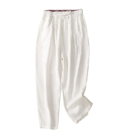 WREESH Womens Wide Leg Pants Solid Color Elastic High Waisted Drawstring Pants Casual Loose Cotton and Linen Pants Cropped Pants White