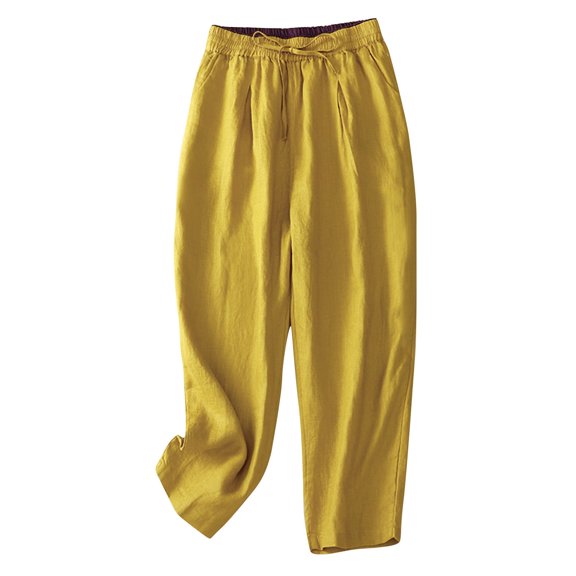WREESH Womens Wide Leg Pants Solid Color Elastic High Waisted Drawstring Pants Casual Loose Cotton and Linen Pants Cropped Pants Yellow