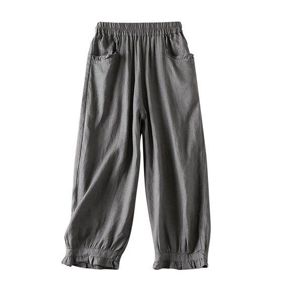 WREESH Womens Wide Leg Pants Solid Color Pocket Cotton Linen Casual Loose Long Pants Gray
