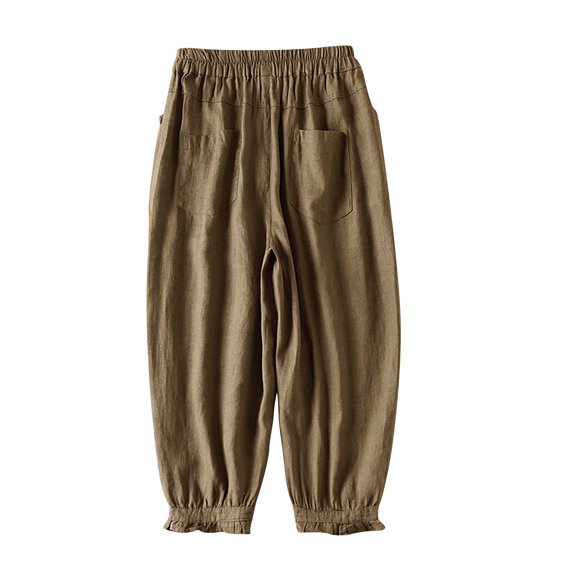 WREESH Womens Wide Leg Pants Solid Color Pocket Cotton Linen Casual Loose Long Pants Green