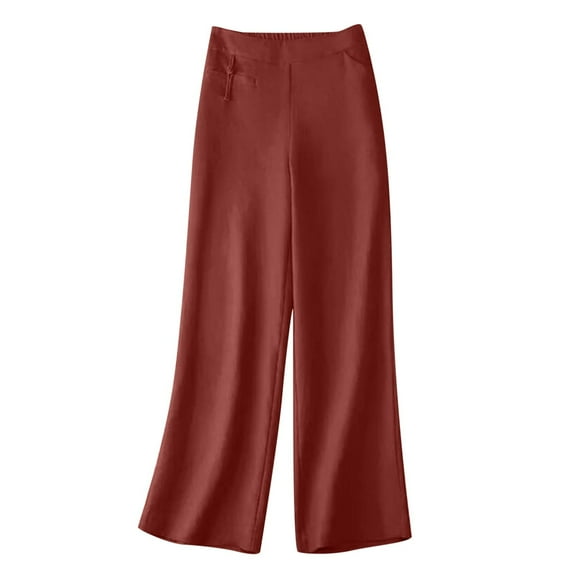 WREESH Womens Wide Leg Pants Solid Summer Casual Elastic Waist Buckle Cotton Linen Pocket Trousers Red