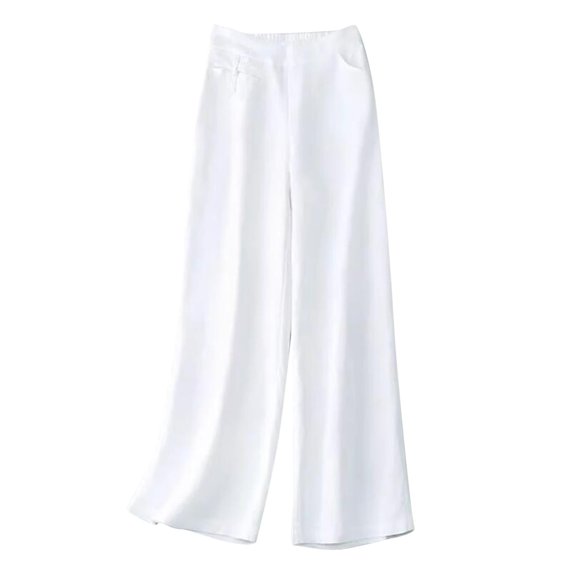 WREESH Womens Wide Leg Pants Solid Summer Casual Elastic Waist Buckle Cotton Linen Pocket Trousers White