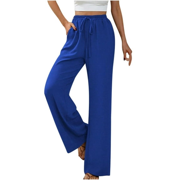 WREESH Womens Wide Leg Pants Spring Solid Color Elastic Waist Straight Tube Casual Pants Blue