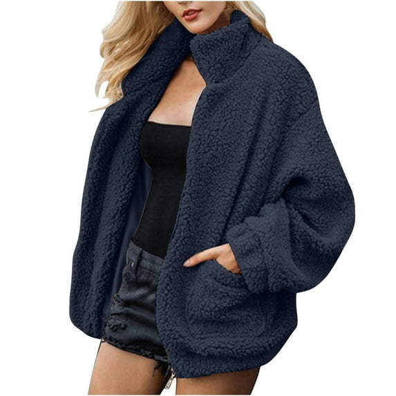 WREESH Womens Winter Coats Casual Lapel Fuzzy Fleece Jackets Solid Faux Lamb Zipper Coats Thicken Warm Oversized Outwear Jackets Navy