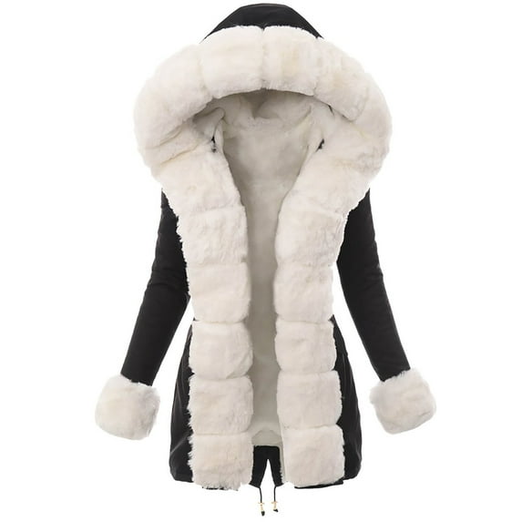 WREESH Womens Winter Coats Faux Furry Collar Heavy Coats Thicken Fleece Lined Hooded Jackets Luxury Fuzzy Parka Jackets Loose Soft Comfy Warm Outerwear Black