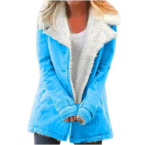 WREESH Womens Winter Coats Fleece Lined Jackets Faux Furry Notch Lapel Overcoat Long Sleeve Button Trench Coats Mid Length Thicken Warm Outerwear Light Blue