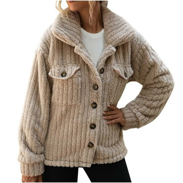WREESH Womens Winter Coats Fuzzy Fleece Jacket Solid Color Lapel Button Jacket Loose Furry Thicken Warm Coats Coffee