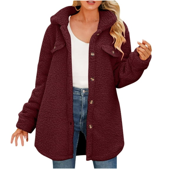 WREESH Womens Winter Coats Solid Faux Furry Overcoat Fuzzy Fleece Open Front Trench Coat Button Up Long Coats Thicken Warm Cardigan Outwear Jackets Wine