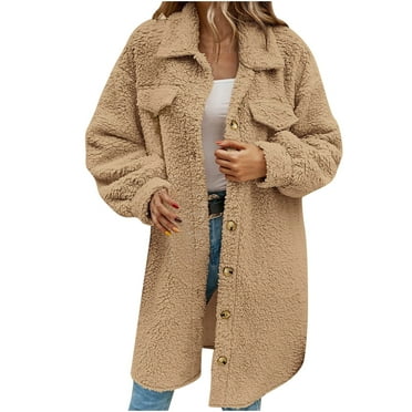 WREESH Womens Winter Fuzzy Fleece Coat Thicken Warm Teddy Coats Casual Solid Long Coat Lapel Single Breasted Overcoat with Pockets Cardigan Outerwear Khaki