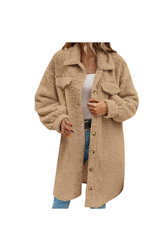 Womens Winter Fuzzy Fleece Coat Thicken Warm Teddy Coats Casual Solid Long Coat Lapel Single Breasted Overcoat with Pockets Cardigan Outerwear Khaki