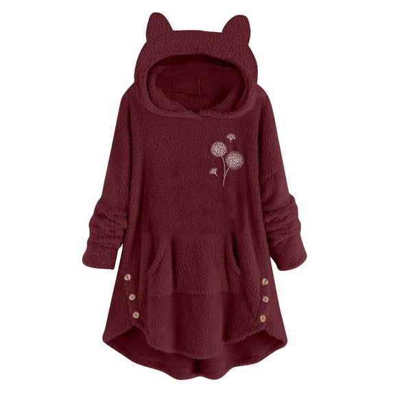 WREESH Womens Winter Warm Oversized Sweatshirts Cute Ear Fuzzy Fleece Hoodies Trendy Long Sleeve Printed Pullover Sided Button Tunic Tops Loungewear with Pocket Wine