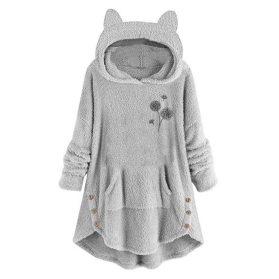 WREESH Womens Winter Warm Oversized Sweatshirts Cute Ear Fuzzy Fleece Hoodies Trendy Long Sleeve Printed Pullover Sided Button Tunic Tops Loungewear with Pocket Gray