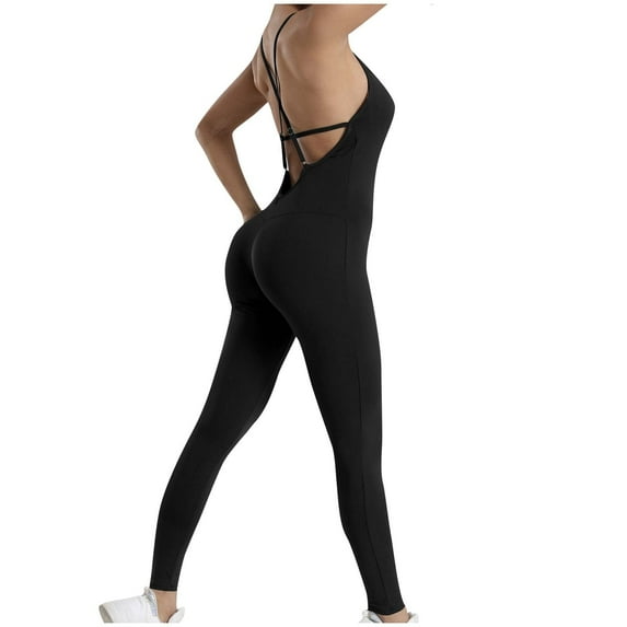 WREESH Womens Yoga Jumpsuits Fashion Solid Color Hollow Out Adjustable Bandagetight Casual Fitness Backless Jumpsuit Black