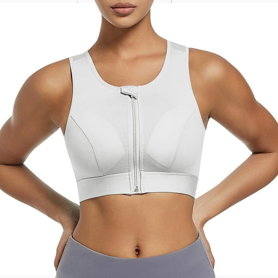 WREESH Womens Zip Front Sports Bra Running High Impact Sports Bras Padded Racerback Workout Gym Yoga Bras White