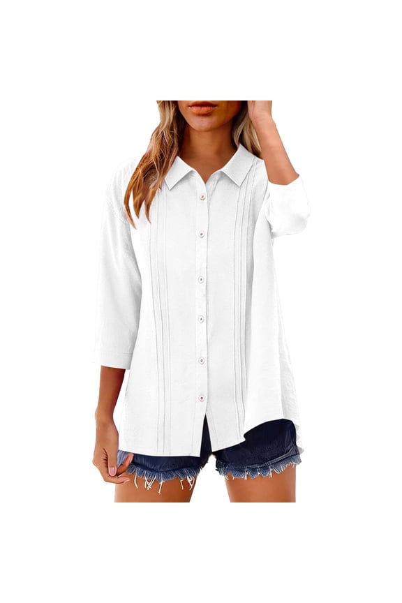 3/4 Sleeve Button Down Shirts For Women Spring Summer Fashion Collared Tops Pleated Work Office Blouses