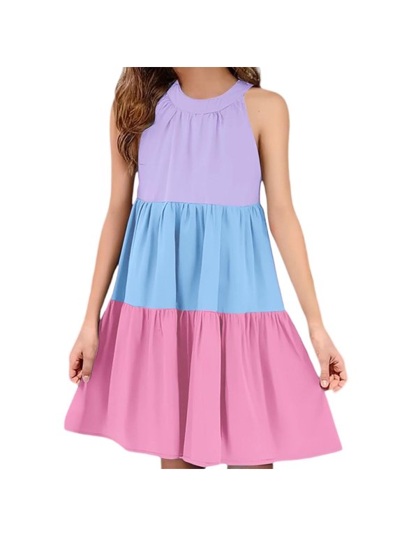 Back to School Dresses for Girls Summer Cute Sleeveless Color Block Sundress Swing Halter Beach Dresses Teens Clothes