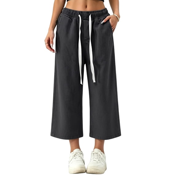 WRFWUL Capri Jeans for Women Baggy Drawstring Wide Leg Jeans Stretchy Cropped Straight-Leg Denim Pants