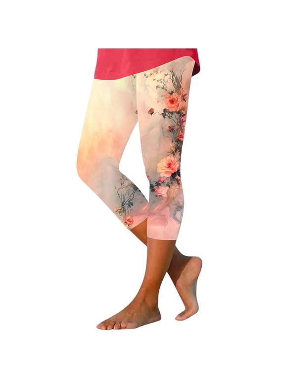Capri Pants for Women Casual Summer Pants Floral Print Yoga Capris High Waisted Tummy Control Leggings Seamless